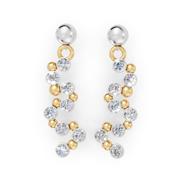 Pair of earrings with gold and silver beads on a white background
