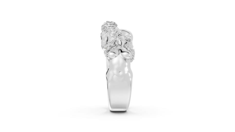 Silver ring with floral design on a white background