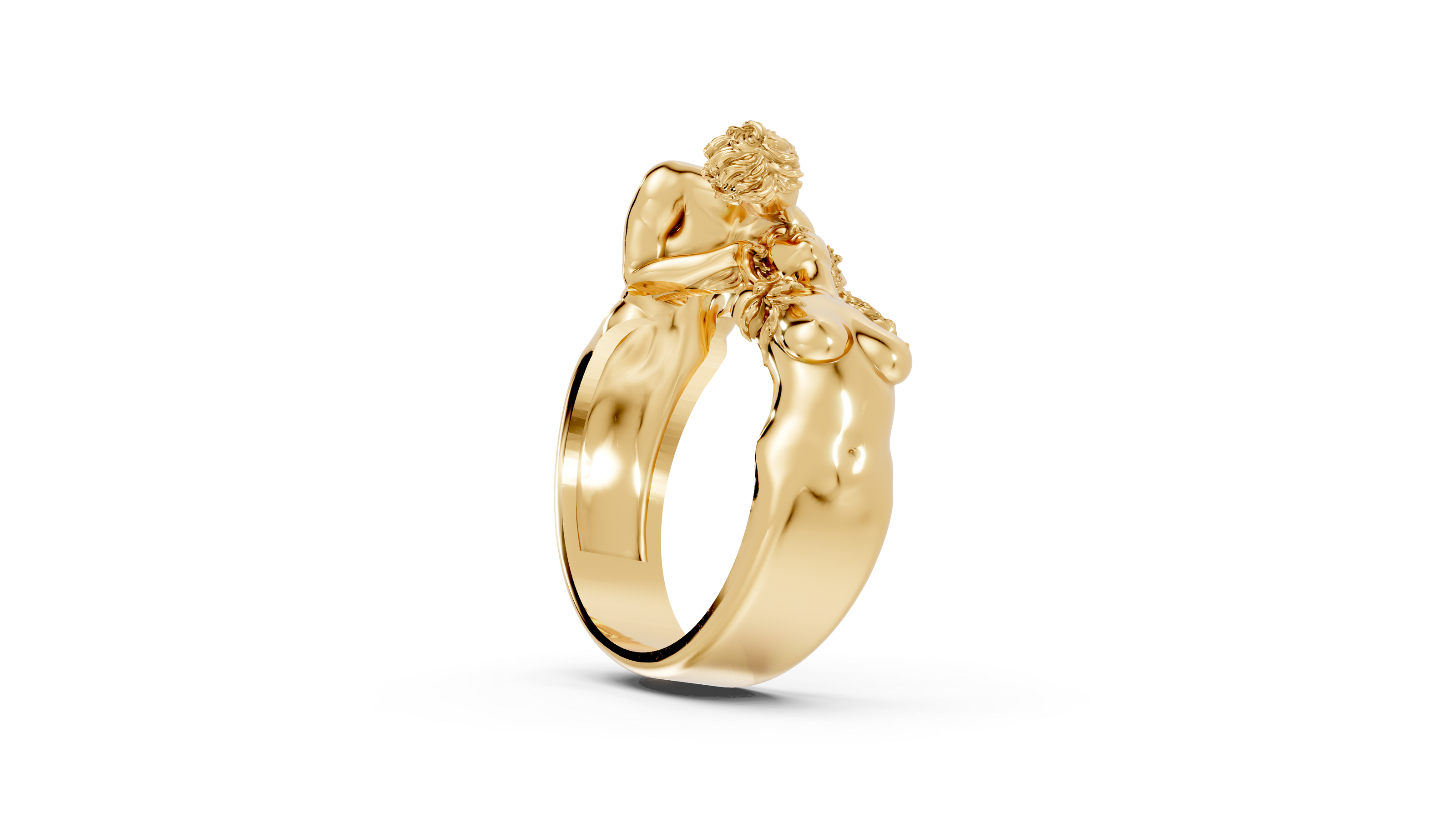Gold ring with a decorative design on a white background