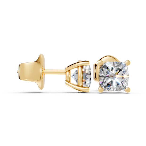 cushion studs front and side in yellow gold