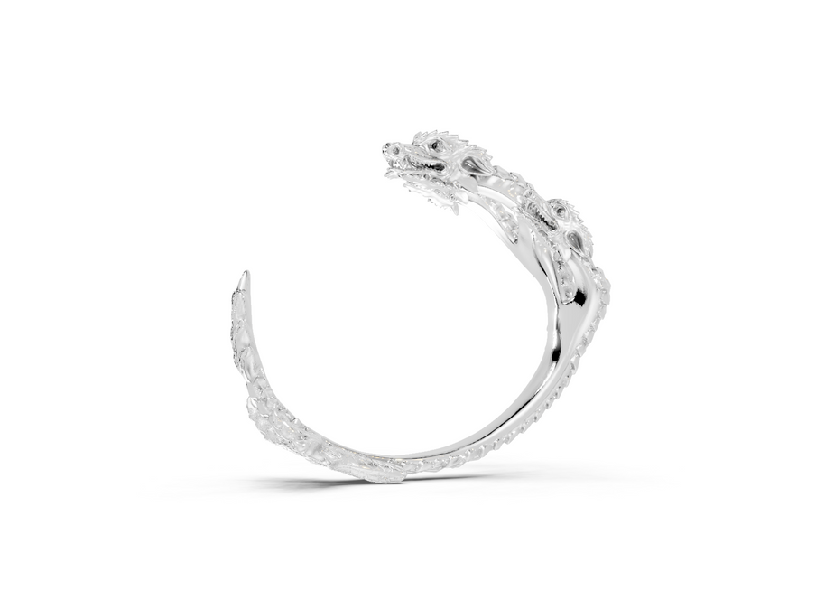 Silver ring with intricate design on a white background