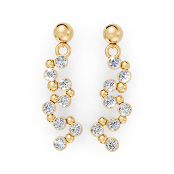 Gold earrings with clear stones on a white background