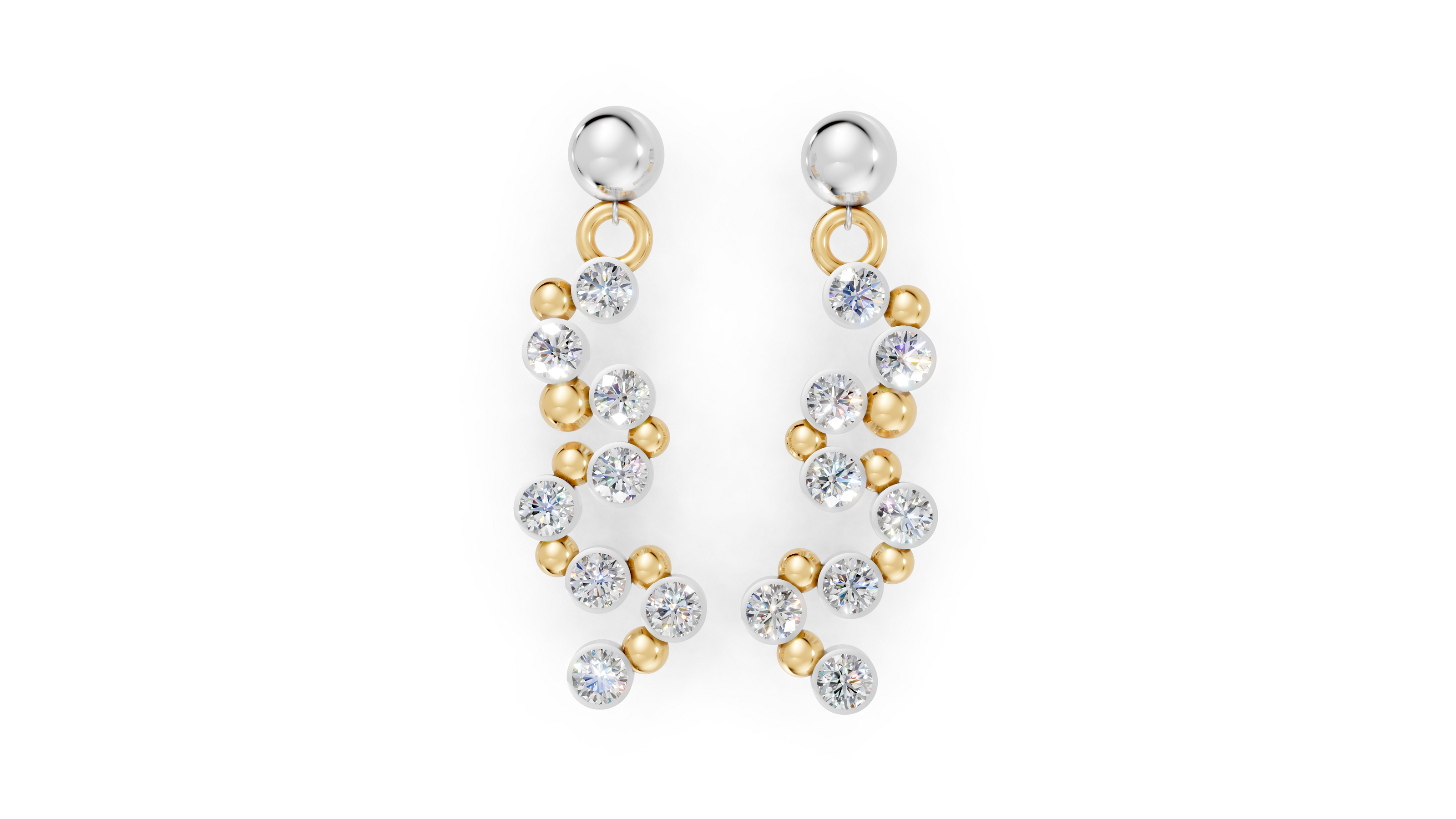 Pair of earrings with gold and silver beads on a white background