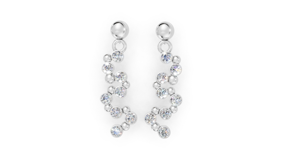 Pair of silver earrings with clear gemstones on a white background