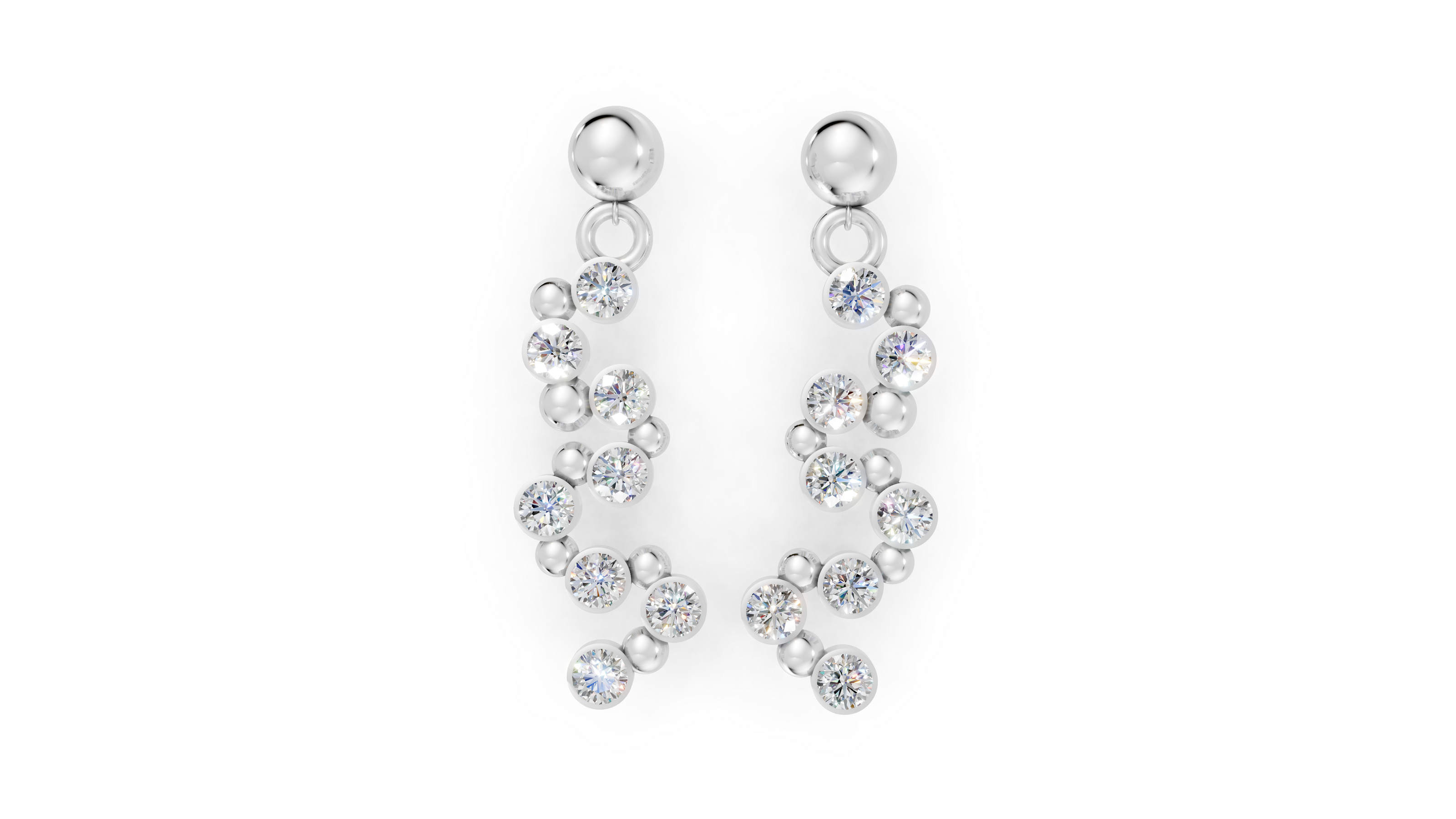 Pair of silver earrings with clear gemstones on a white background