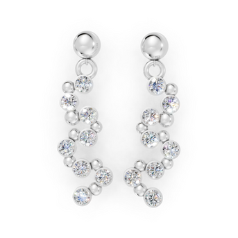 Pair of silver earrings with clear gemstones on a white background