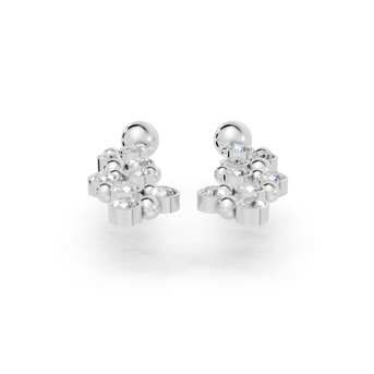 Pair of silver floral earrings on a white background