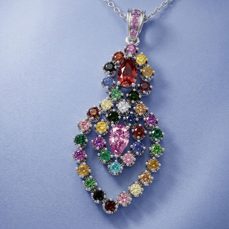 Multicolored gemstone pendant on a light blue background