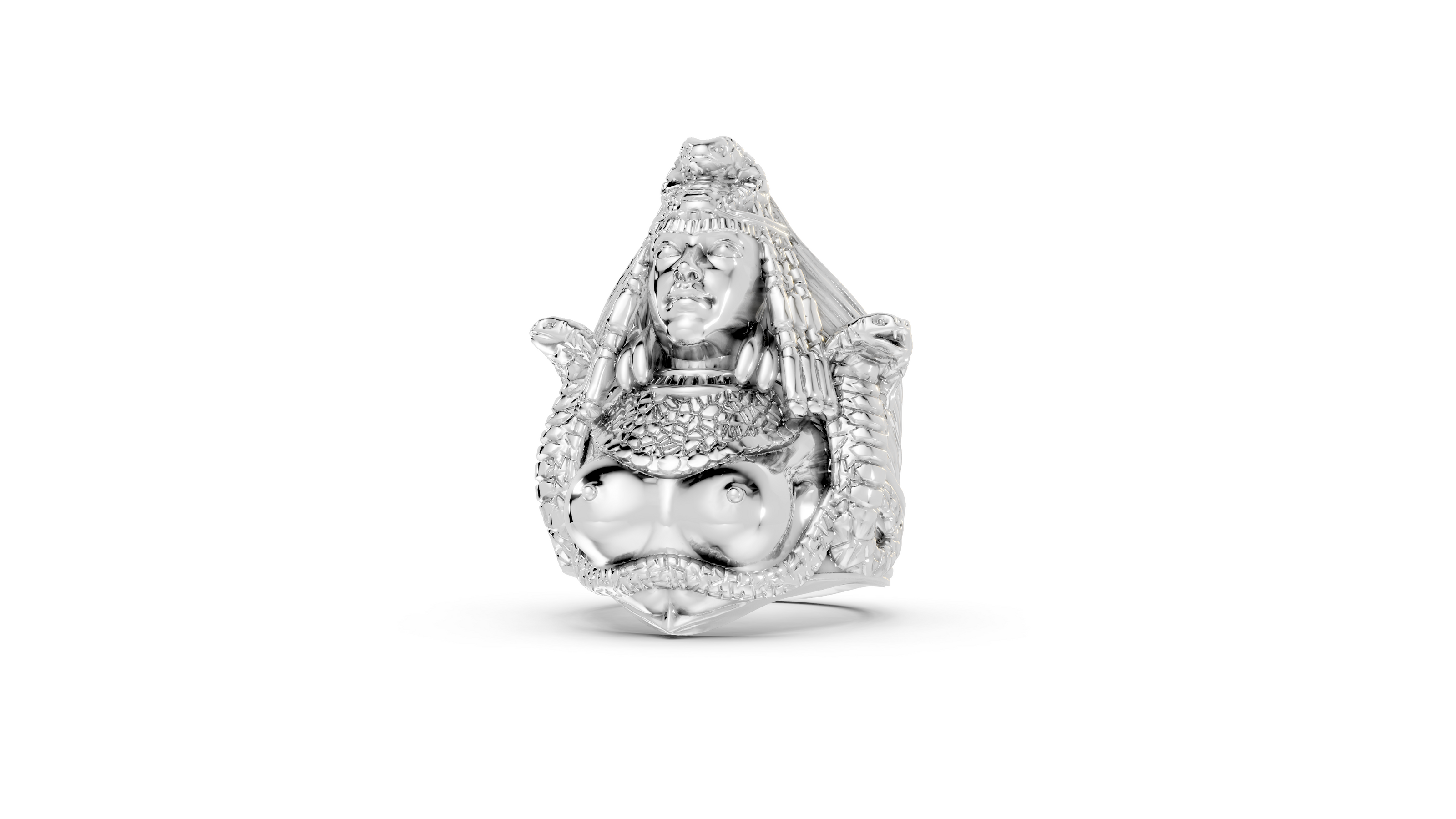 Silver ring with a detailed design on a white background