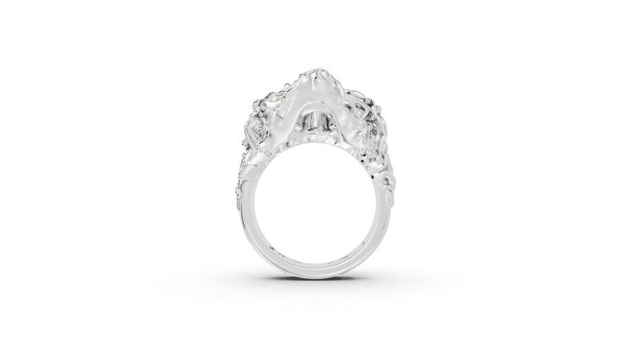 Silver ring with a large diamond on a white background