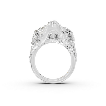 Silver ring with a large diamond on a white background
