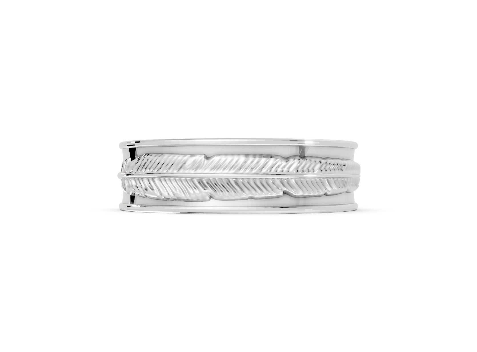Silver ring with a textured band on a white background