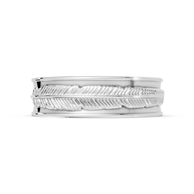 Silver ring with a textured band on a white background