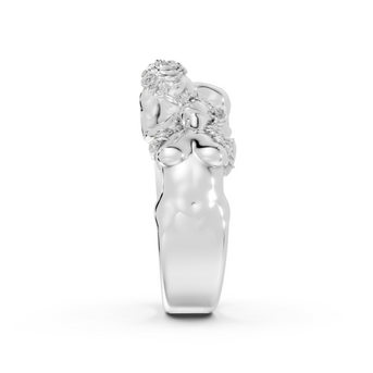 Silver ring with floral design on a white background