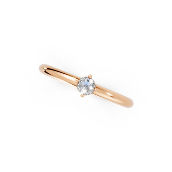 Rose gold ring with a diamond on a white background