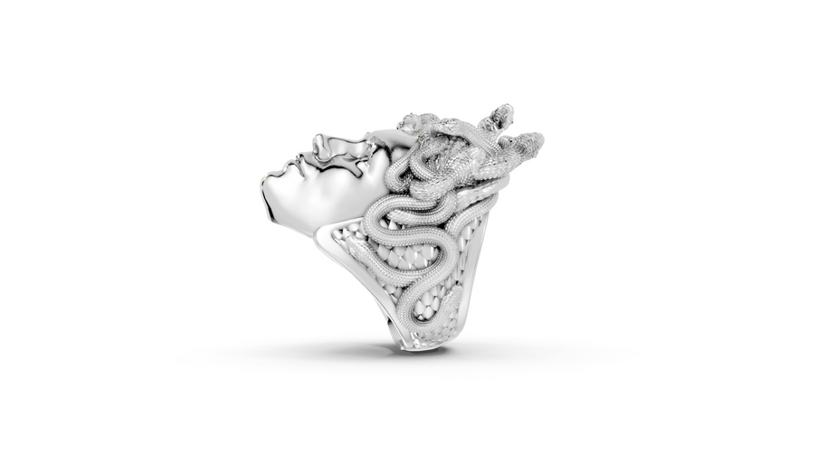 Silver ring with a tiger design on a white background