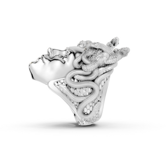 Silver ring with a tiger design on a white background