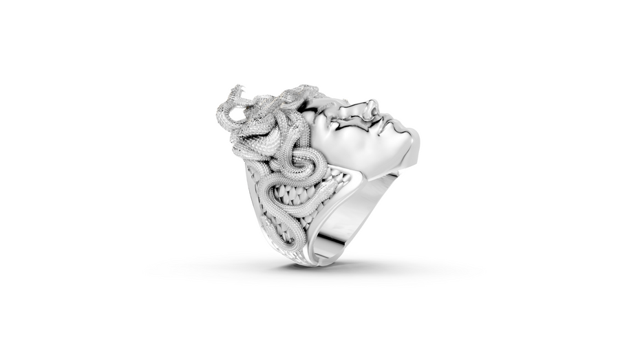 Silver ring with intricate design on a white background