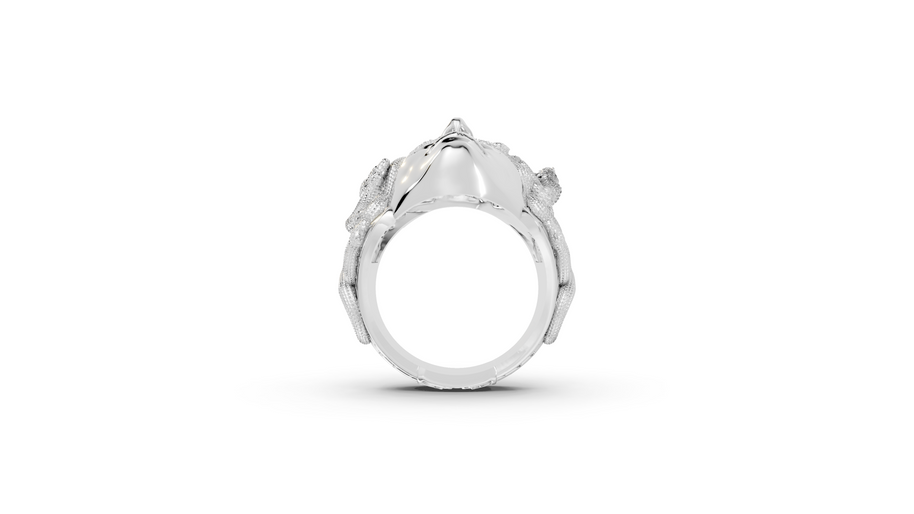 Silver ring with a central gemstone on a white background