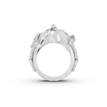 Silver ring with a central gemstone on a white background