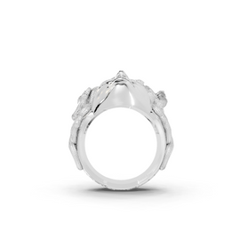 Silver ring with floral design on a white background