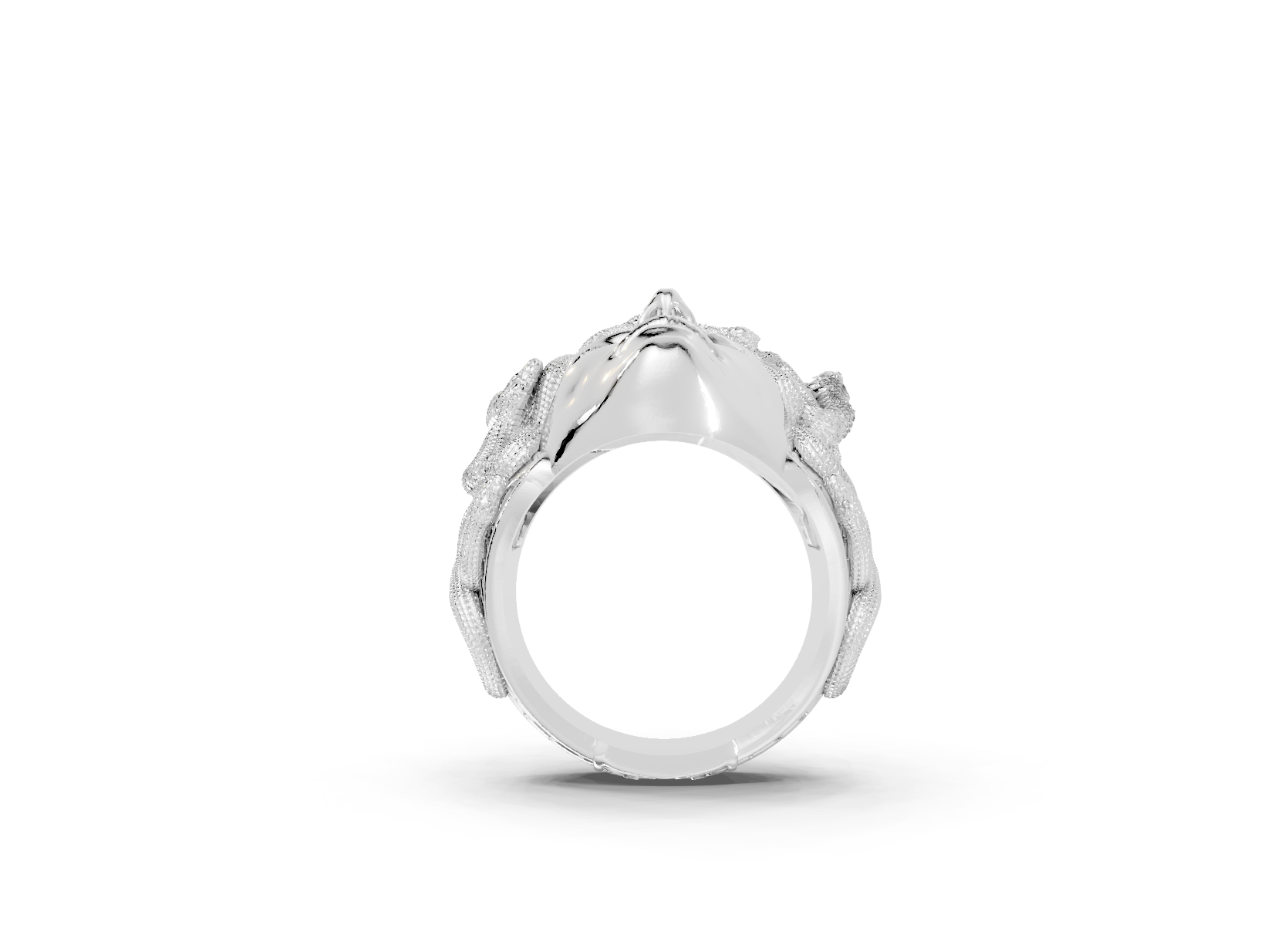 Silver ring with floral design on a white background