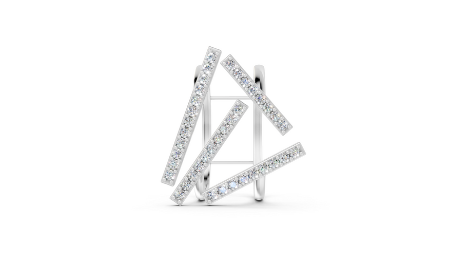 Silver triangle-shaped ring with clear stones on a white background