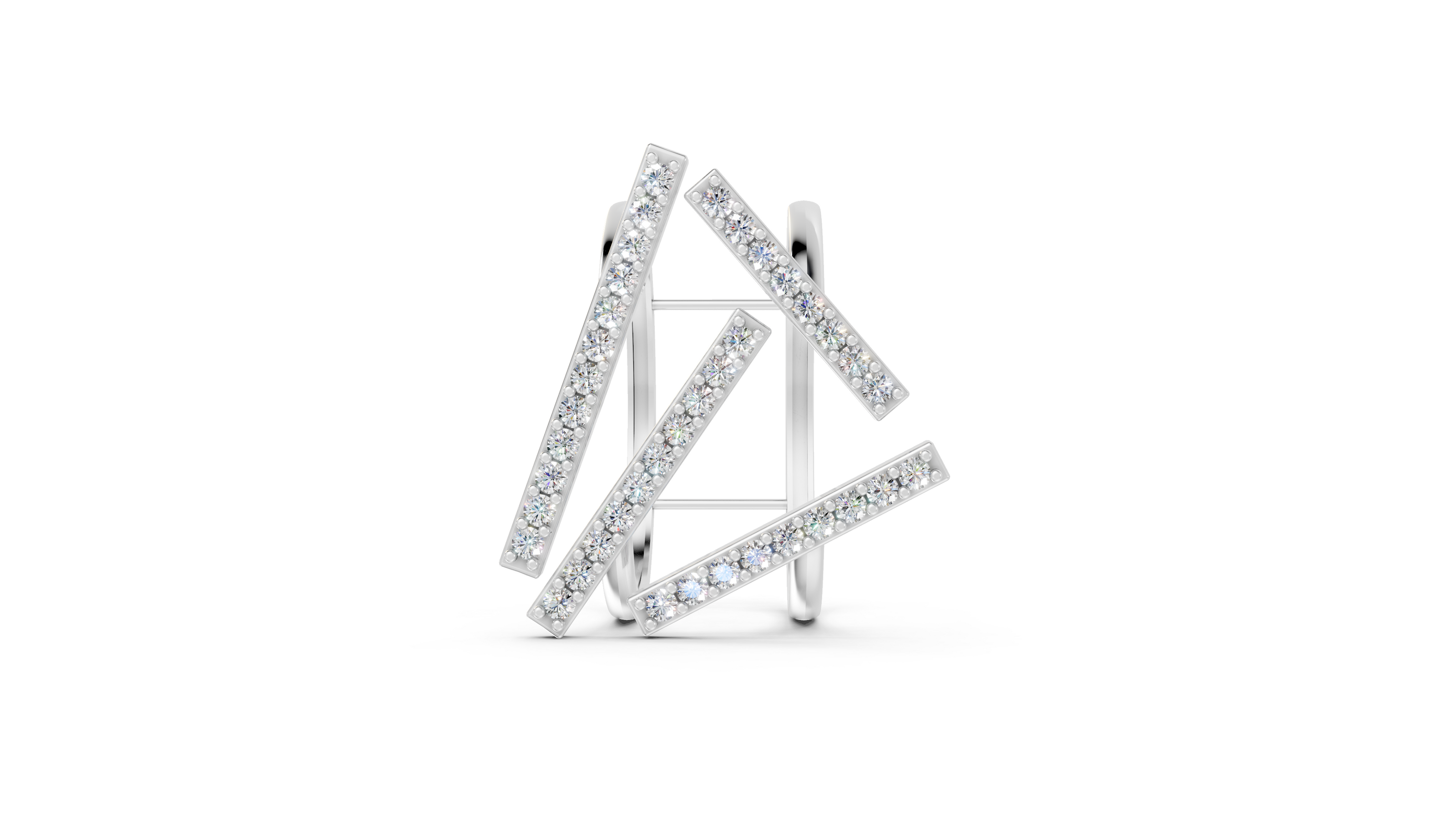 Silver triangle-shaped ring with clear stones on a white background