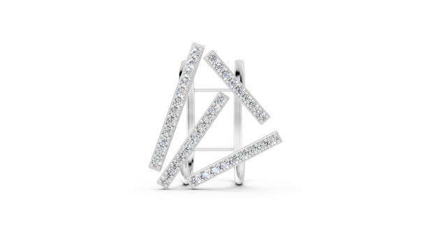 Silver triangle-shaped ring with clear stones on a white background