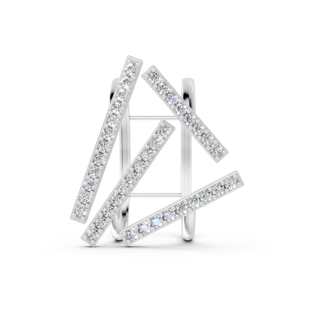 Silver triangle-shaped ring with clear stones on a white background