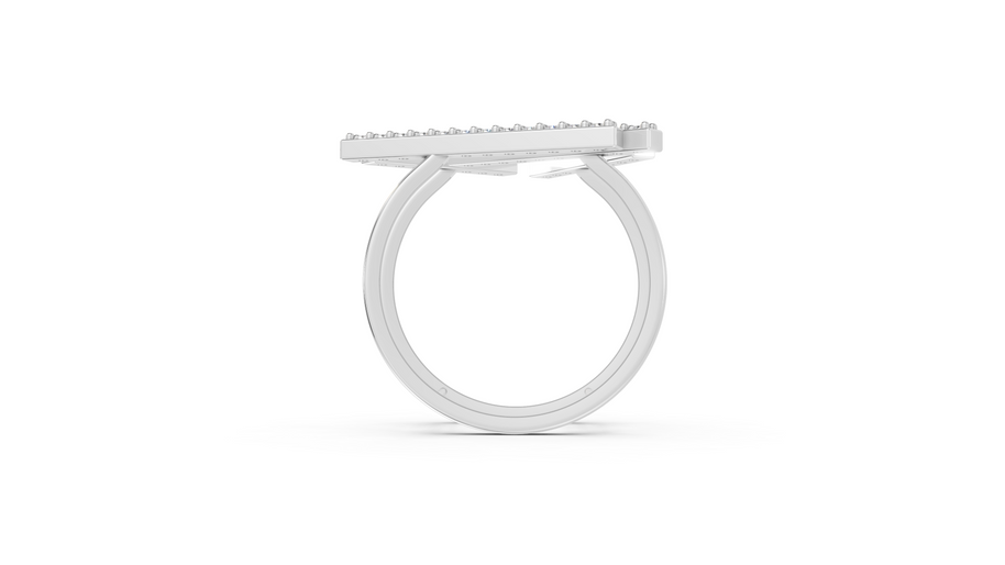 Silver ring with a textured band on a white background