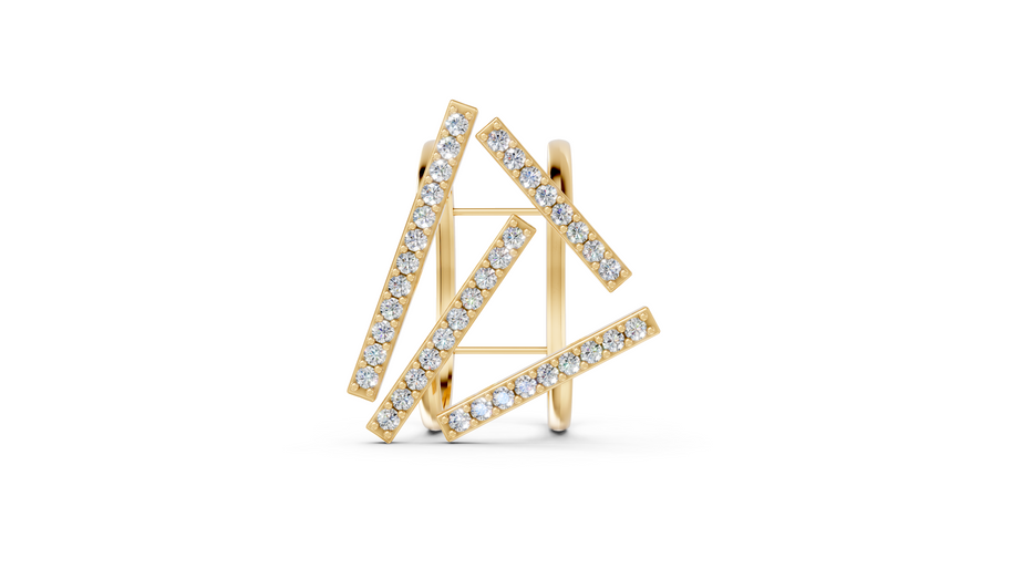 Gold earrings with diamond accents on a white background