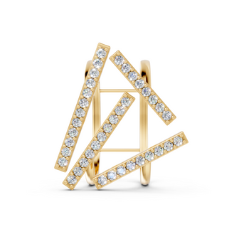 Gold earrings with diamond accents on a white background
