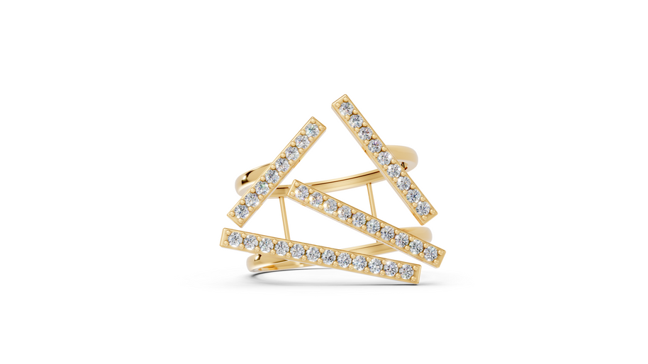 Gold ring with diamond accents on a white background