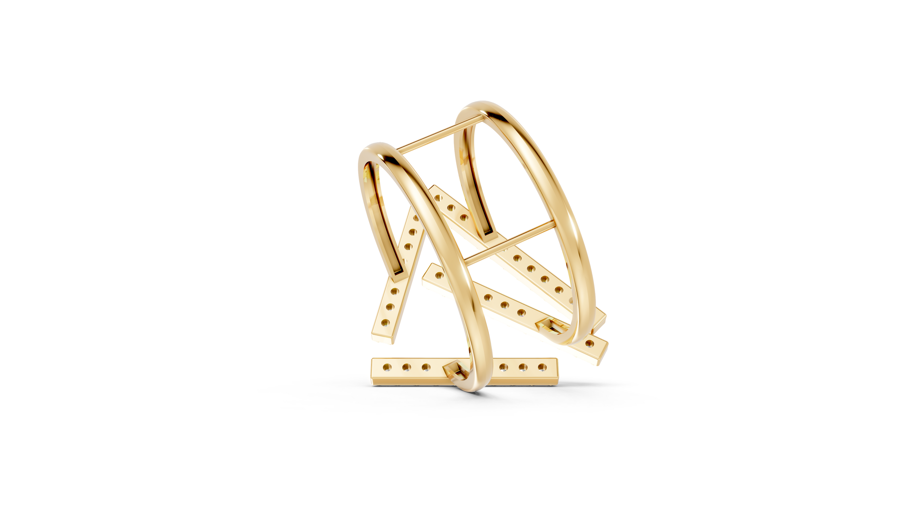 Gold ring with geometric design on a white background