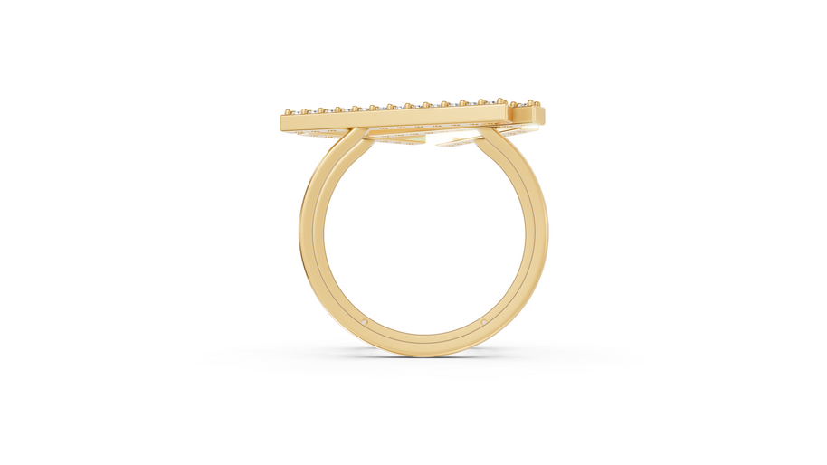 Gold ring with a textured band on a white background