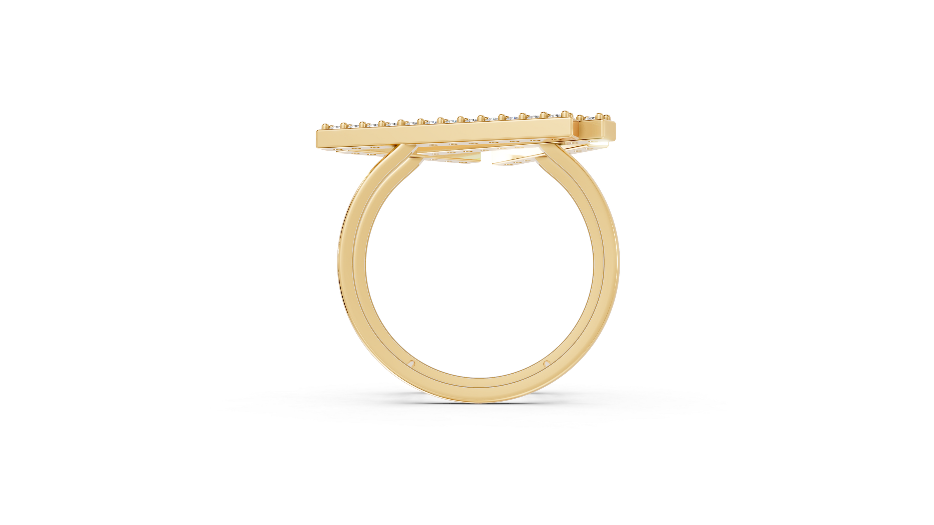 Gold ring with a textured band on a white background