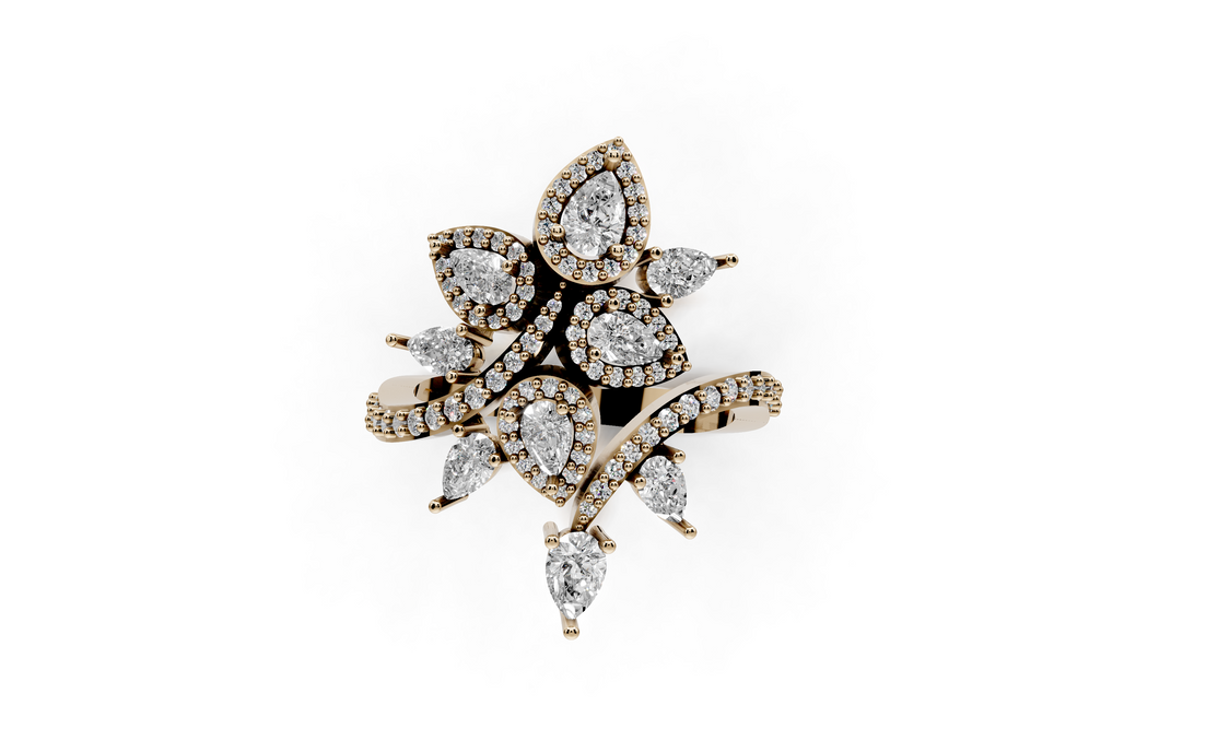 a ring with several pear shaped diamonds surrounded by smaller round diamonds.