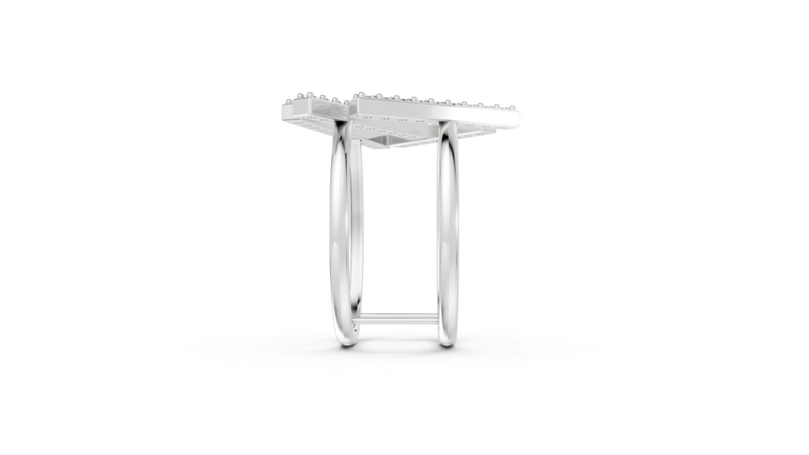 Silver ring with a textured band on a white background