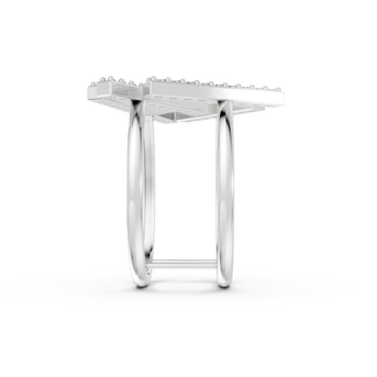 Silver ring with a textured band on a white background