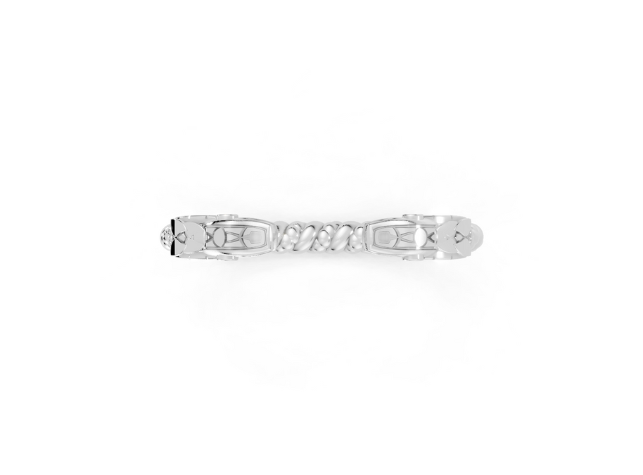 Silver hair clip with decorative elements on a white background