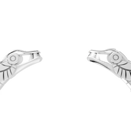Silver bracelet with snake head designs on a white background
