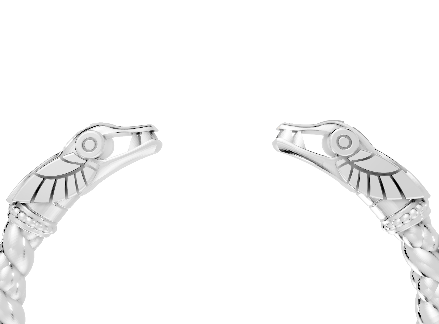 Silver bracelet with snake head designs on a white background