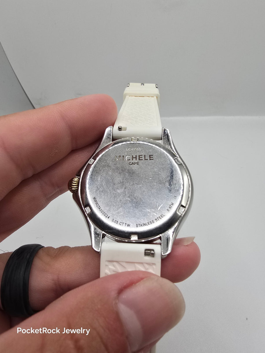 MICHELE Cape Women’s Quartz Silver Dial White Silicone Strap Watch 50m