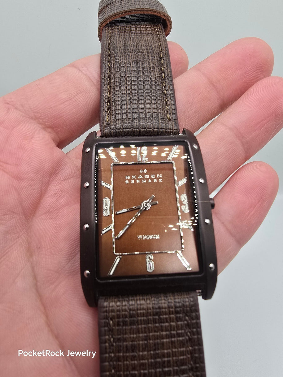 Skagen Denmark 358LTTD Men’s Rectangle Titanium Brown Dial Quartz Leather