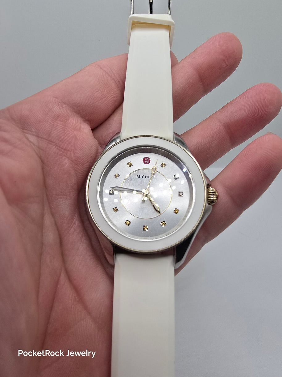 MICHELE Cape Women’s Quartz Silver Dial White Silicone Strap Watch 50m