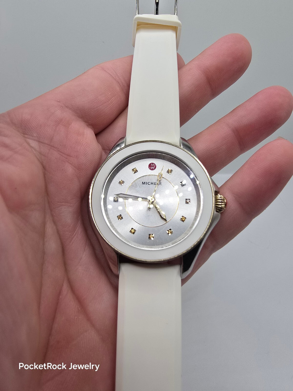 MICHELE Cape Women’s Quartz Silver Dial White Silicone Strap Watch 50m