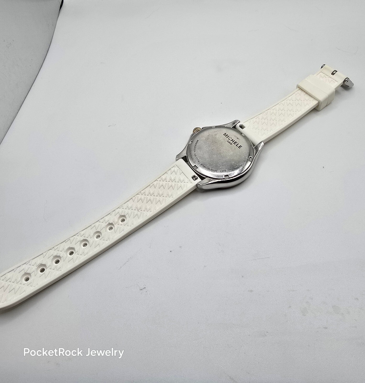 MICHELE Cape Women’s Quartz Silver Dial White Silicone Strap Watch 50m