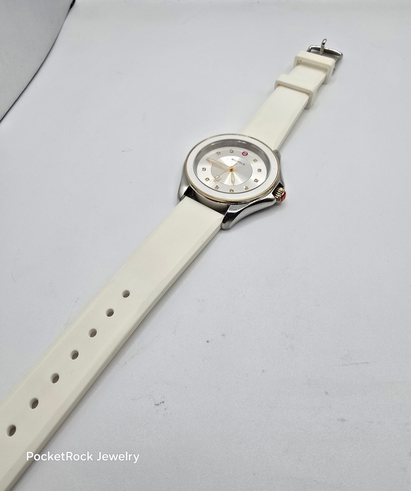 MICHELE Cape Women’s Quartz Silver Dial White Silicone Strap Watch 50m