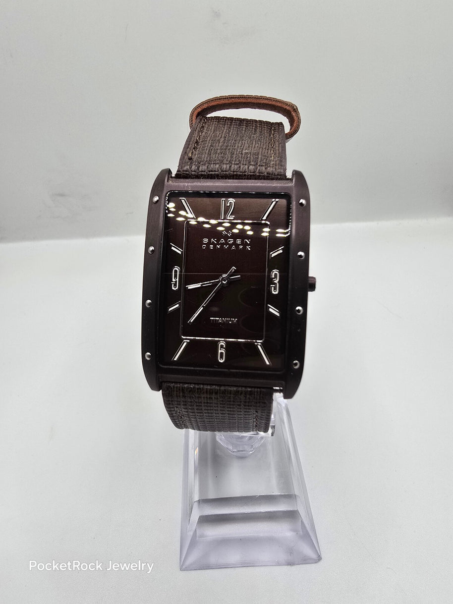 Skagen Denmark 358LTTD Men’s Rectangle Titanium Brown Dial Quartz Leather